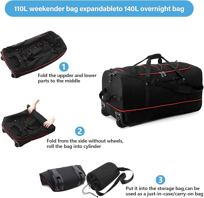 Vomgomfom Wheeled Collapsible Duffel Bag,110L-140L Expandable Checked Luggage, No-Telescopic-Handle with Anti-Burst Zipper & Reinforced Frame,Black-red