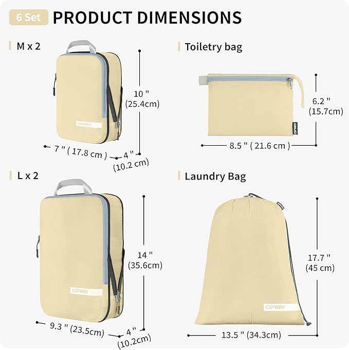 Cipway Compression Packing Cubes for Travel Ultralight Expandable Packing Organizers with Laundry & Toiletry Bag for Carry on Luggage (Vanilla Cream 6 Set)
