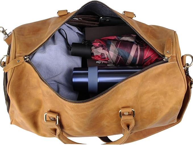 Vintage Crazy Horse Leather Travel Duffel Bag with Shoe Compartment Multi-Carry Duffle +Brass Anti-Scratch Feet/Business/Casual/Travel(5096-Yellow)