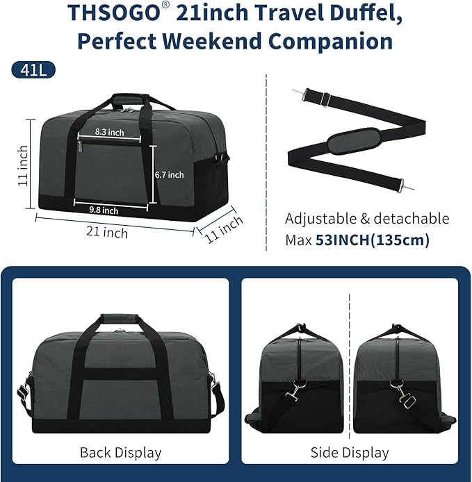21 inch Gym Bag for Men - 40L Travel Duffel Bag Sport Duffle Bags for Weekend Overnight with Bottom Support (Dark Grey）
