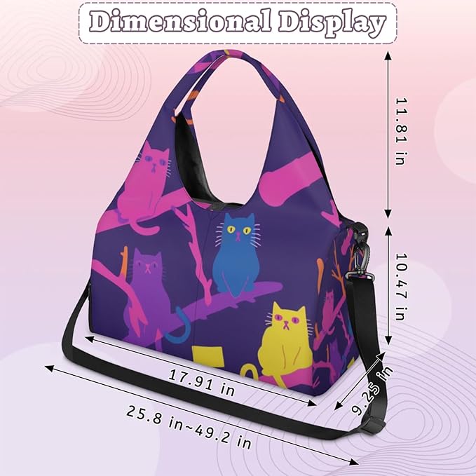 Yoga Gym Bag for Women, Cute Cat Gym Bag with Yoga Mat Holder, Purple Duffel Bag, Sport Bag with Shoe Compartment and Wet Dry Storage Pockets, Suitable for Gym, Travel, Pilates and Beach