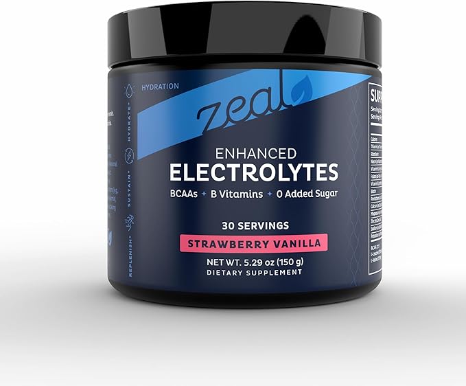 Zeal Electrolyte Powder - 30 Servings | Keto Electrolytes Powder | Zero Sugar, BCAAs, B-Vitamins | Potassium, Zinc, Magnesium | Hydration Powder Recovery Drink | Strawberry Vanilla