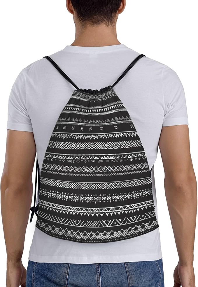 Black Boho Pattern Drawstring Backpack Bag - Sports Gym Sack For Women Men
