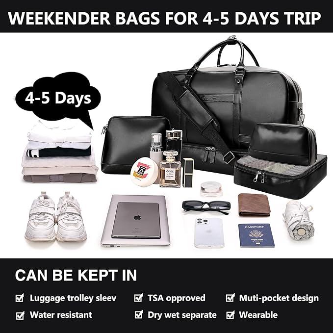 Weekender Bag for Women Men, Large Overnight Bag Faux Leather Travel Duffel Bag with Shoe Compartment Toiletry Packing Cube Carry On Bag Fit 21" Laptop 3Pcs Set (4PCS Black)
