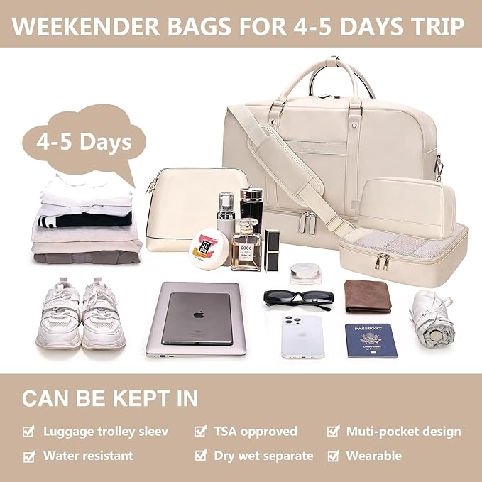 Weekender Bag for Women Men, Large Overnight Bag Faux Leather Travel Duffel Bag with Shoe Compartment Toiletry Packing Cube Carry On Bag Fit 21" Laptop 3Pcs Set (4PCS White)