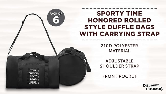 6 Sporty Duffle Bags Set - Customizable Text, Logo - Polyester, Adjustable Strap, Front Pocket, Roll Styling - Black