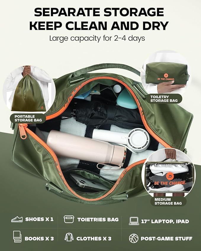 4Pcs/Set Waterproof Sports Duffel Bag 1000D Nylon Heavy Duty Travel Swim Gym Bags for Men and Women Weekender Bag with 3 Accessory Bags of Wet & Dry Separation Upgrades 2.0 Green