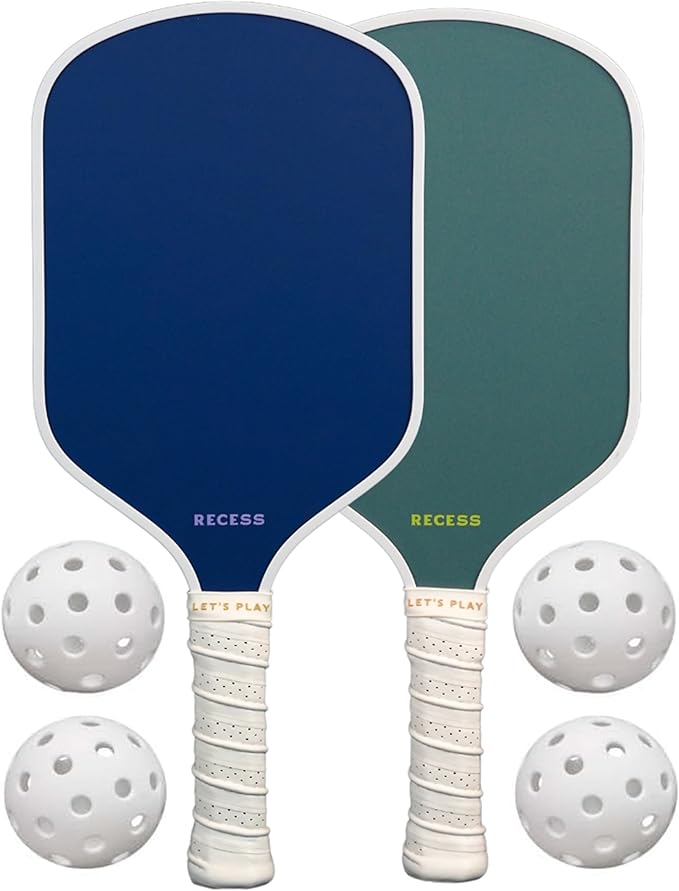 Recess Pickleball Starter Set of Premium Pickleball Paddles and Four (4) Pickle Balls - Lightweight, Honeycomb Core & Comfort Grip Handles - Perfect for Beginners