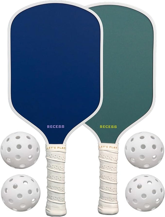 Recess Pickleball Starter Set of Premium Pickleball Paddles and Four (4) Pickle Balls - Lightweight, Honeycomb Core & Comfort Grip Handles - Perfect for Beginners