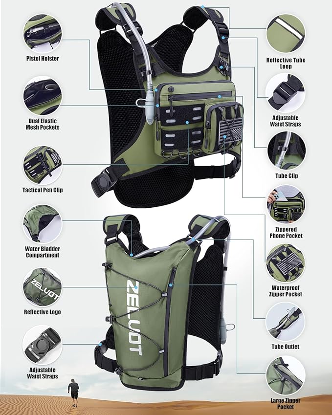 Zelvot Running Vest with 2L Water Bladder, Hydration Backpack, USA Original Patent, Lightweight Hydration Pack with Gear Holder, Reflective Chest Pack for Men Women for Marathon