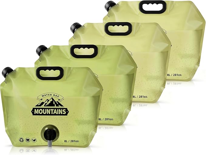 Collapsible 8L Water Storage Bag, BPA-Free Portable Folding Water Jug with Adjustable Faucet, Leakproof Emergency Water Bag for Camping, Hiking, Riding, Outdoor Sport (Beige & Green, 4)