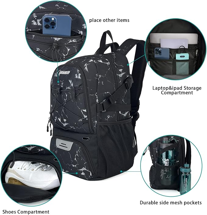 GRANDUP Basketball backpack with ball and shoes compartment Fit Volleyball, soccer, Swim, Gym, Travel, and School, large capacity sports training equipment bags
