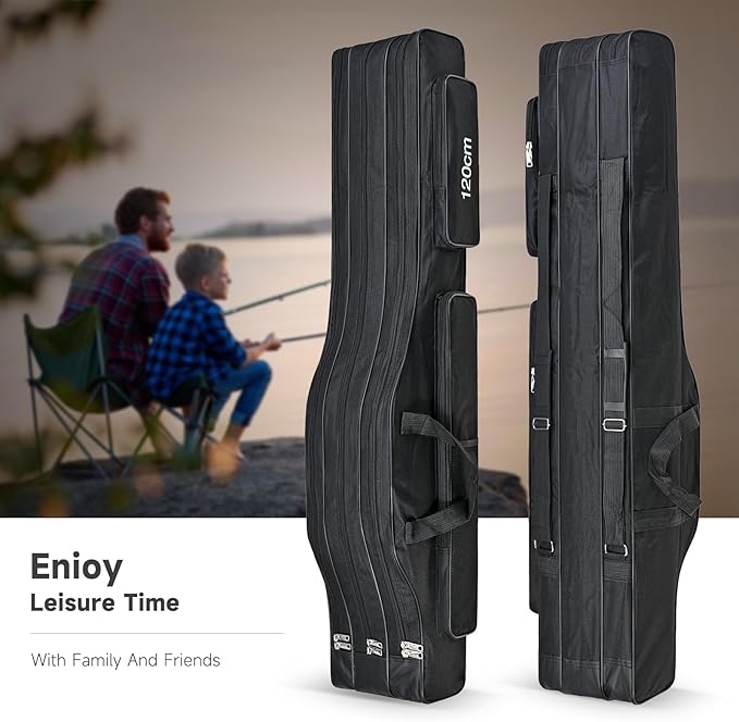 3 Layers Fishing Pole Bag,Portable 3 Layers Oxford Folding Rod Carry Case,Fishing Reel Tackle Storage Bag Case