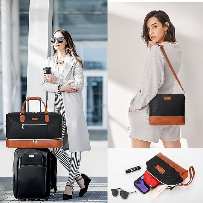 Weekender Bag for Women, Travel Duffel Bag Carry On Overnight Bag with Shoe Compartment Large Nylon Travel Weekend Tote Bag