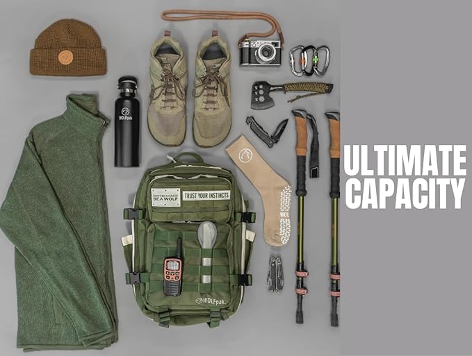 WOLFpak 35L Athletic Gym Backpack - Durable 1000D Waterproof Oxford Material with MOLLE Webbing, Laptop Pocket & Dual Cup Holders, Durable Fitness/Travel/Military Daypack (Alpha Black)