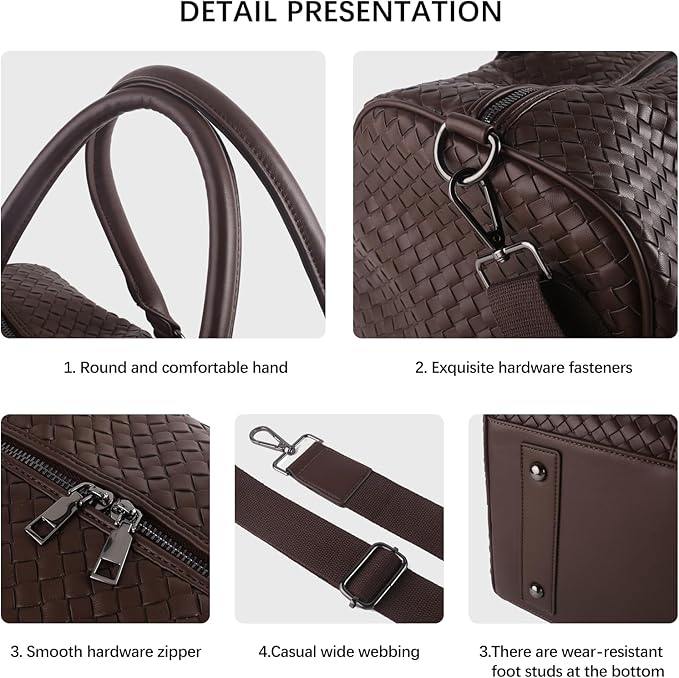 Weekender Bags for Women Woven Leather Travel Duffel Bag with Shoe Compartment, Carry On Garment Bag for Men Women, Large Capacity Water-resistant Gym Tote (Coffee)