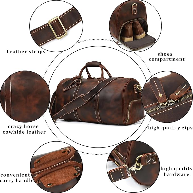 Full Grain Leather Duffel Bags for Men and Women 20 Inch Travel Overnight Weekend Leather Bags Travel Duffel for Men, 9804 Brown