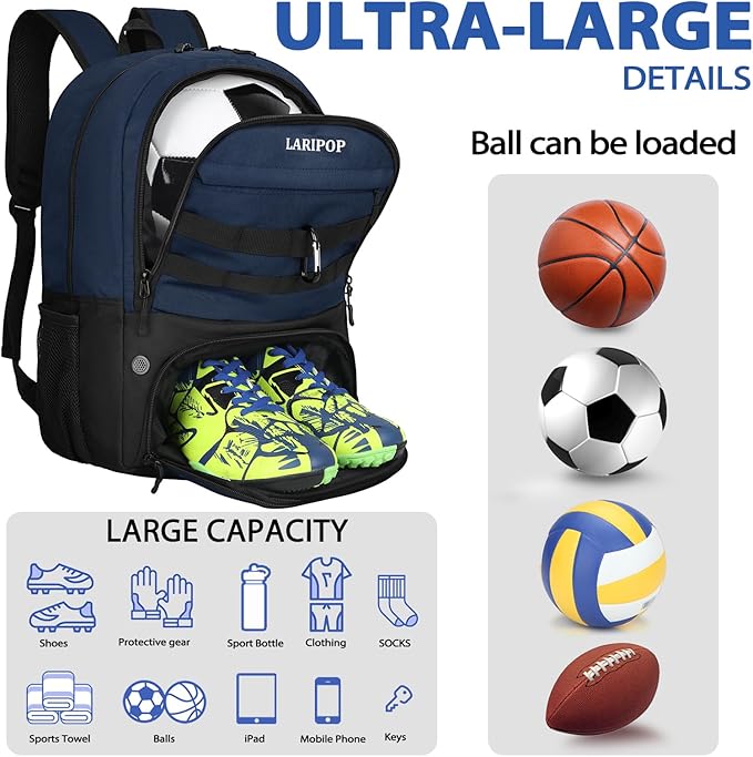 LARIPOP Soccer Backpack,Soccer Bag with Ball Holder and Shoe Compartment,Sports Equipment Training Bags Fits Basketball