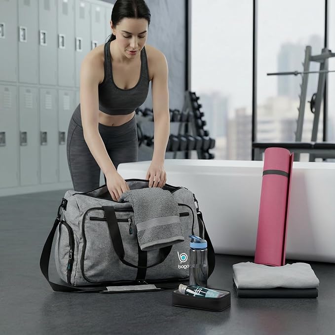 Bago Foldable Duffel Bags for Traveling Women & Men - 40L Sports Packable Duffle Bag for Travel with Shoe Compartment - Water Repellant, Heavy Duty, Lightweight Folding & Collapsible (SnowGray)