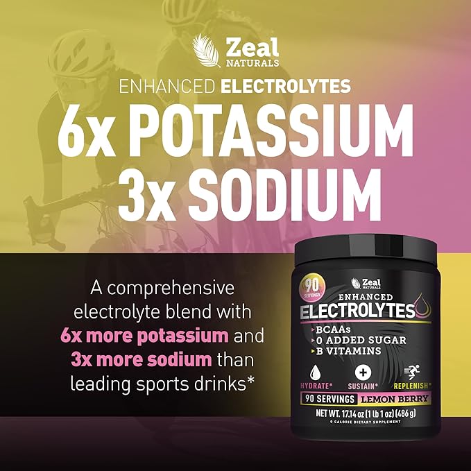 Zeal Electrolyte Powder - 90 Servings | Keto Electrolytes Powder | Zero Sugar, BCAAs, B-Vitamins | Potassium, Zinc, Magnesium | Hydration Powder Recovery Drink | Lemon Berry