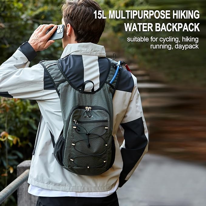BOVIP Lightweight Hydration Back,15L Multipurpose Hiking Backpack with 1.5L Water Bladder ,Hydro Water Daypack for Cycling Hiking Rave for Men Women