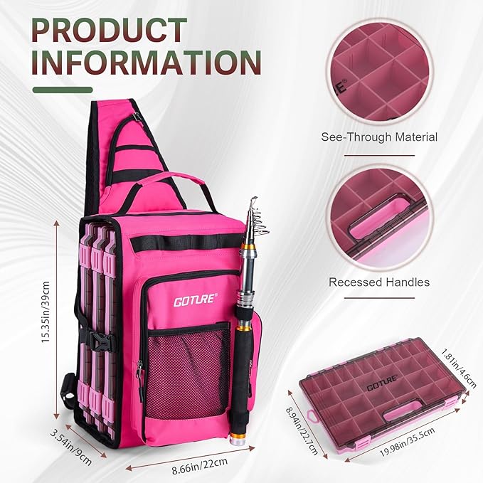 Goture OpenSide Tactical Sling Tackle Bag with 3 3700 Tackle Trays, Lightweight Fishing Backpack Storge Gear-Pink Bag Outdoor,Gift for women