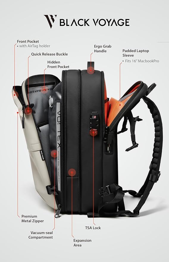 BlackVoyage Vortex Vacuum Seal Travel Backpack 60L Expandable Air Compression System Water Resistant TSA Lock Carry-On Suitcase Luggage White AERO - Vacuum Pump Included