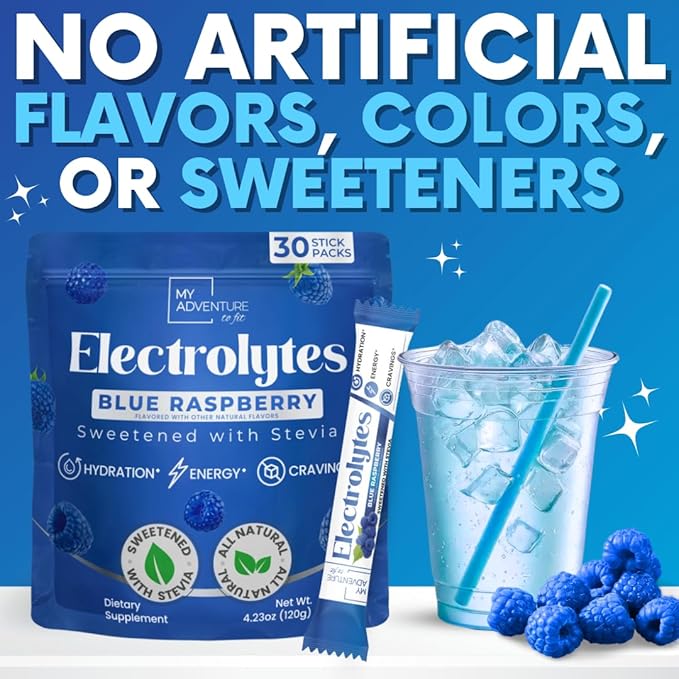 Zero Sugar Blue Raspberry Electrolytes Powder Packets (30 Pack) - All Natural Ingredients, Caffeine Free Energy for Refreshing Hydration - Vegan, Keto, Paleo - Sugar Free Electrolytes Powder No Sugar