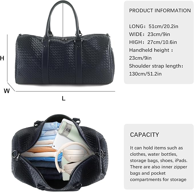 Weekender Bags for Women Woven Leather Travel Duffel Bag with Shoe Compartment, Carry On Garment Bag for Men Women, Large Capacity Water-resistant Gym Tote (Dark Blue)