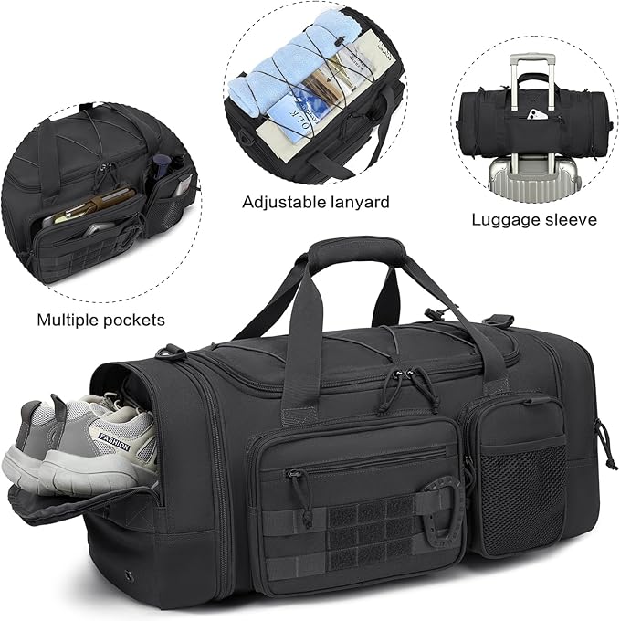 3 in 1 Tactical Gym Bag Backpack for Men 50-55L Expandable Travel Duffle Bag for Women Military Sport Duffel Bags Weekend Overnight with Shoe Compartment & Wet Pocket for Fitness, Black