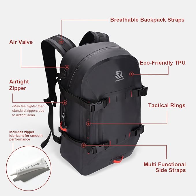 Airtight Waterproof Backpack 30L, Floating Dry Bag with Resin Zipper, IPX7 Gear Protection Large Capacity for Men, Kayaking, Paddle Boarding, Fishing, Travel, Surfing, Work, Outdoor Black