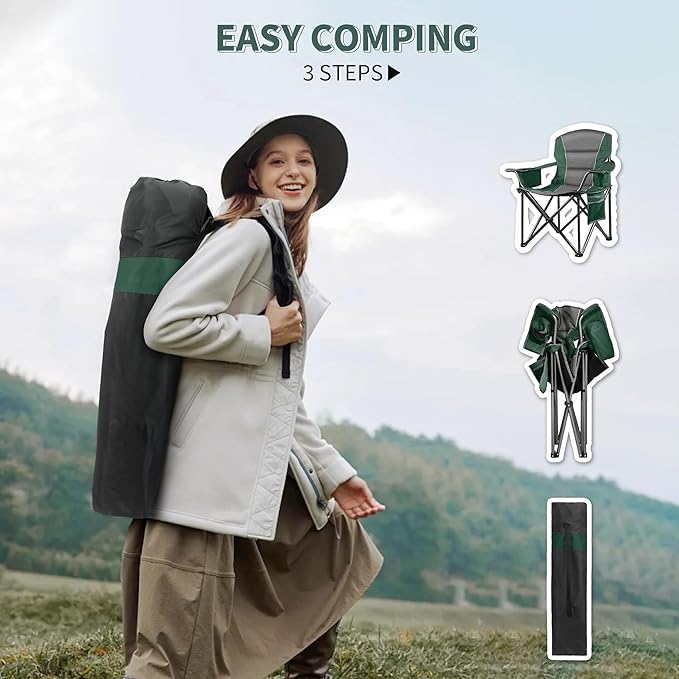 2 Pack Padded Oversized Camping Chairs for Adults,Heavy Duty Support 400 Lbs,Folding Portable Lawn Chair w/Cup Holder,Cooler Bag,Side Pocket,Perfect for Outdoor Picnic,Hiking(Black&Green)