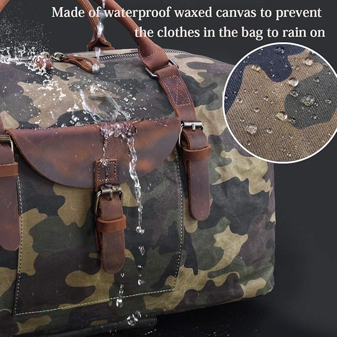 Oversized Travel Duffel Bag Waterproof Canvas Genuine Leather Weekend bag Weekender Overnight Carryon Hand Bag Camo