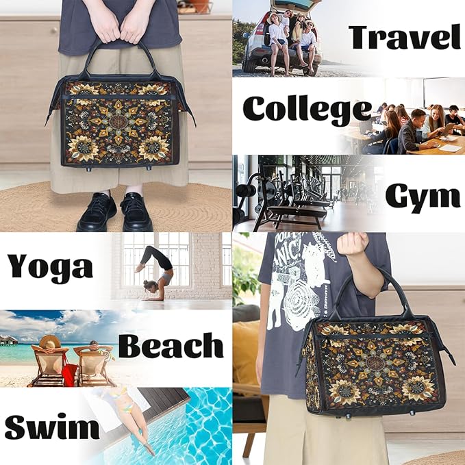 Travel Duffle Bag, Ethnic Aztec Flower Overnight Weekender Tote Bag for Women Men Waterproof Carry On Luggage with Zipper Lightweight Sport Gym Bag for Traveling Yoga Camping Traveling Gifts