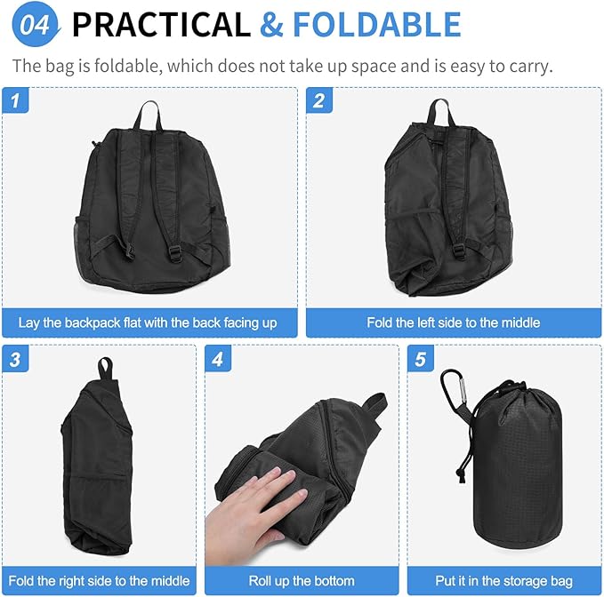 Hiking Backpack, 20L Packable Daypack for Men Women, Nylon with Adjustable Straps, Lightweight Waterproof Outdoor Camping Travel, Black