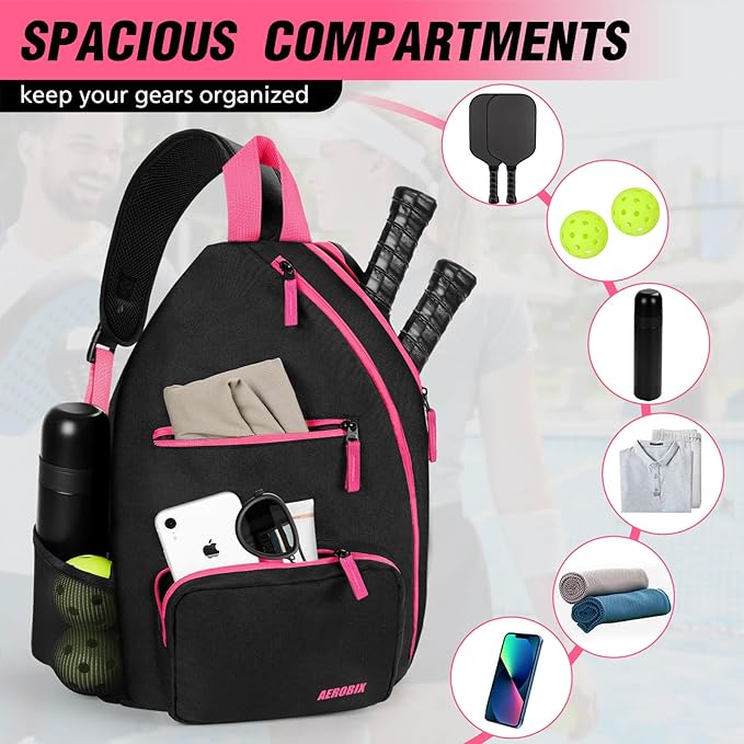 AEROBIX Pickleball Bag for Women & Men, Pickle Ball Backpack - Upgraded Zippers, Large Capacity, Padded Paddle Pocket, Adjustable Sling Bag (No Accessories)