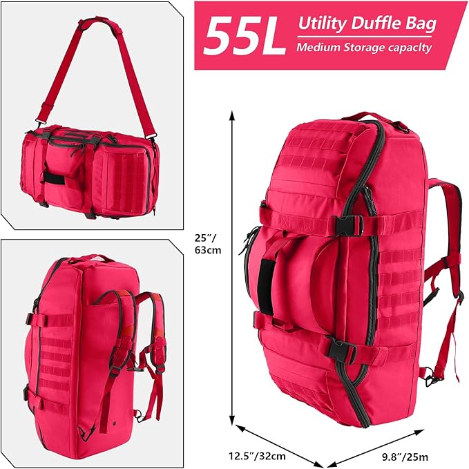 55L Large Duffle Bag, 3-in-1 Tactical Backpack MOLLE Pack for Sports, Gym, Outdoor, Red