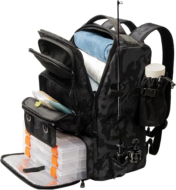 Hp hope Fishing Backpack with Rod Holders & Cooler, 40L Fishing Tackle Bag Fishing Tackle Storage Backpack Fishing Gear for Camping, Black Camo