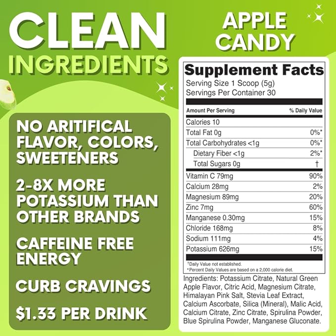 Zero Sugar - Apple Candy Electrolytes Powder - Refreshing Hydration - Caffeine Free Energy with All Natural Ingredients - Vegan, Keto, and Paleo - Sugar Free Electrolytes Drink Mix - with 30 Servings