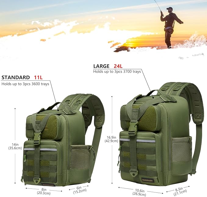 BASSDASH Convertible Fishing Backpack Sling Bag with Rod Holder, Adjustable Tactical Water-Resistant Tackle Storage Pack FP07