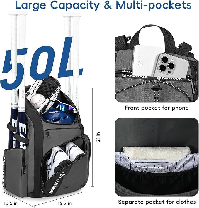 Baseball Bag for Youth and Adult, Softball Bag 50L Large Capacity Holds 4 Bats, Equipment Backpack with Shoes Compartment