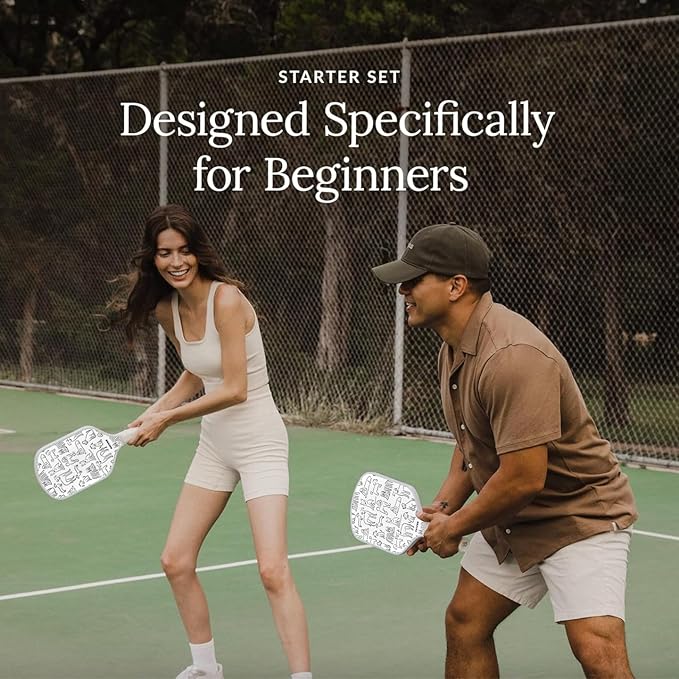 Recess Pickleball Starter Set of Premium Pickleball Paddles and Four (4) Pickle Balls - Lightweight, Honeycomb Core & Comfort Grip Handles - Perfect for Beginners