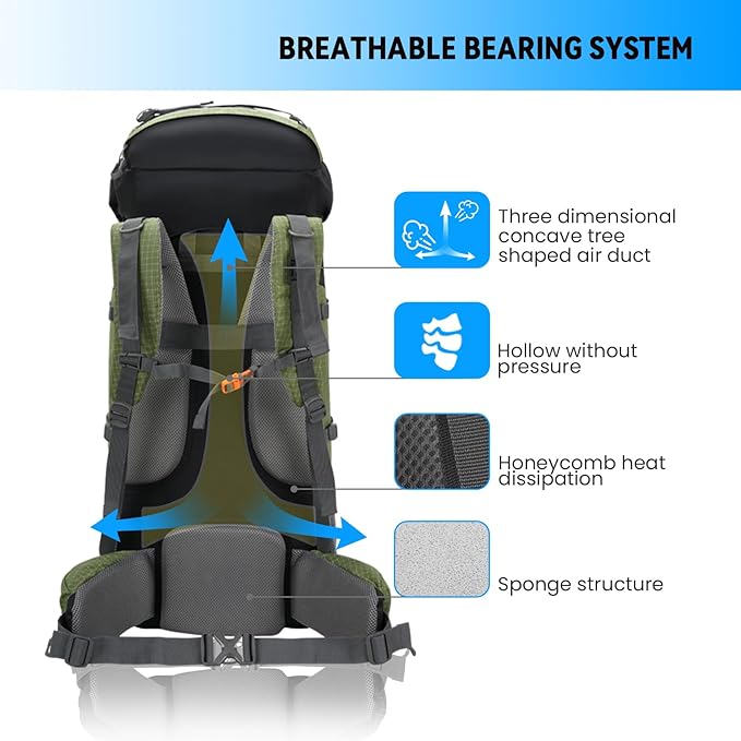 Bseash 80L Waterproof Hiking Camping Backpack with Rain Cover, Lightweight Outdoor Sport Travel Daypack for Climbing Touring (Army Green)