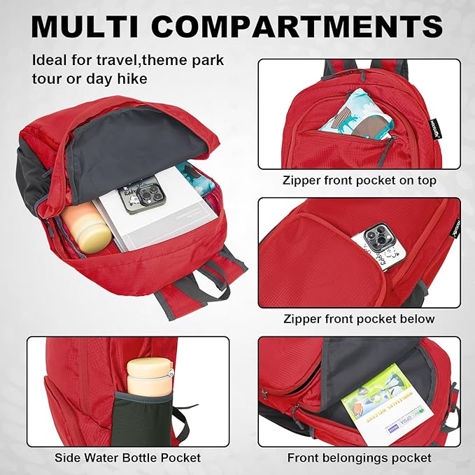 HOLYLUCK 20L lightweight packable Hiking Daypack Foldable Backpack for Men Women Small Travel Outdoor Foldable Shoulder Bag-red