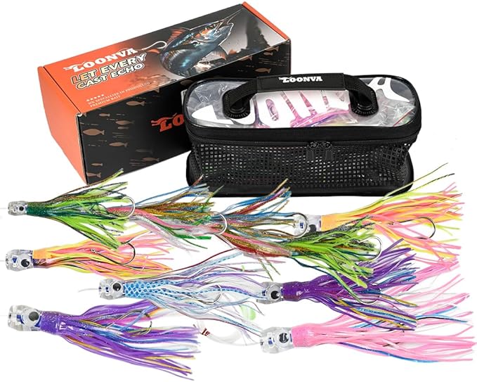 Set of 10 Pcs 9/8/6 Inch Trolling Lures - Marlin Tuna Mahi Wahoo Big Game Squid Skirted Deep Sea Offshore Fishing Lures Included Durable Hard Case