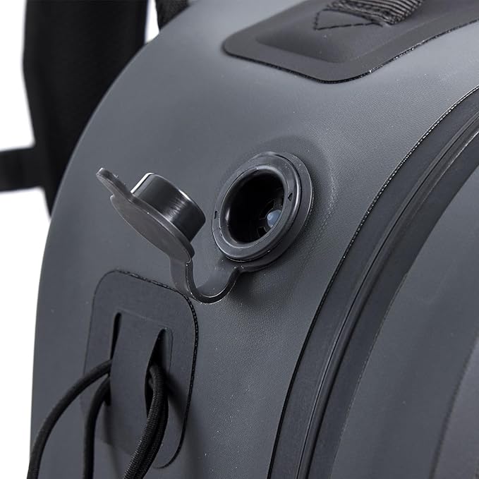 Xelfly Waterproof Fishing Backpack G2 with Rod Holder, Inflatable Air Valve, Padded Waist Straps & Gear Loops - Submersible Zipper, Rugged Top Handle, Adjustable Attachments (Gray)