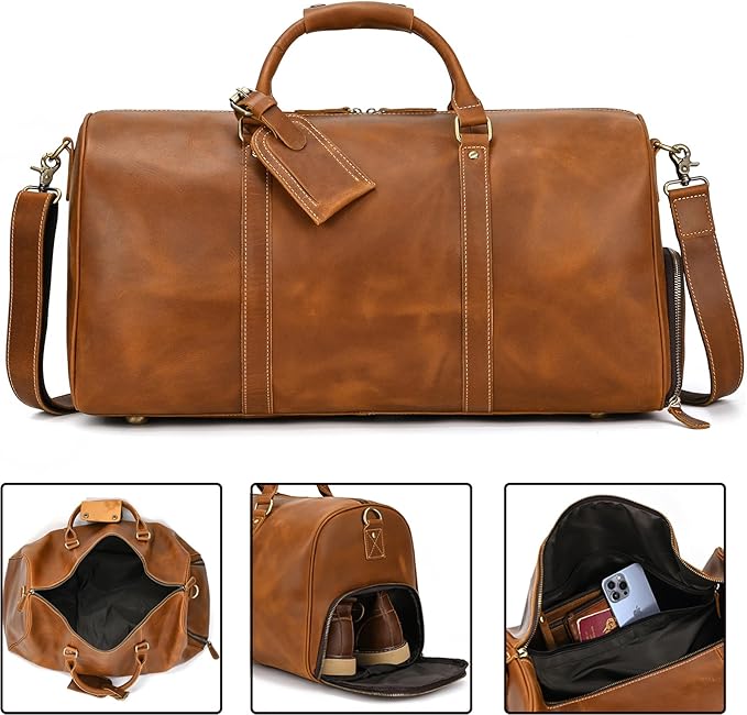 Leather Duffel Bags for Men and Women, 20 Inch Full Grain Leather Travel Overnight Weekend Duffel, 9804 Light Brown