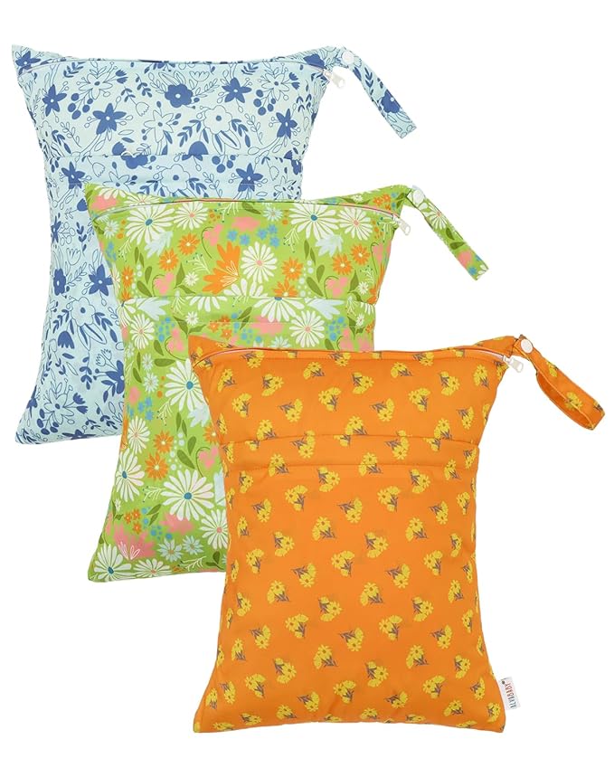 ALVABABY 3pcs Cloth Diaper Wet Dry Bags Waterproof Reusable with Two Zippered Pockets Travel Beach Pool Daycare Soiled Baby Items Yoga Gym Bag for Swimsuits or Wet Clothes 3L-ZM30