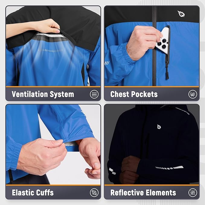 baleaf Men's Rain Jacket Waterproof Windbreaker Raincoat Running Cycling Hiking Gear Hood Lightweight Reflective Packable