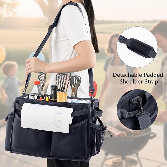 Large Grill Caddy with Paper Towel Holder – Collapsible BBQ Organizer for Camping, Tailgating, RV, Boating – Grilling Gifts for Men – Griddle Tote Bag with Shoulder Strap – Outdoor Essentials
